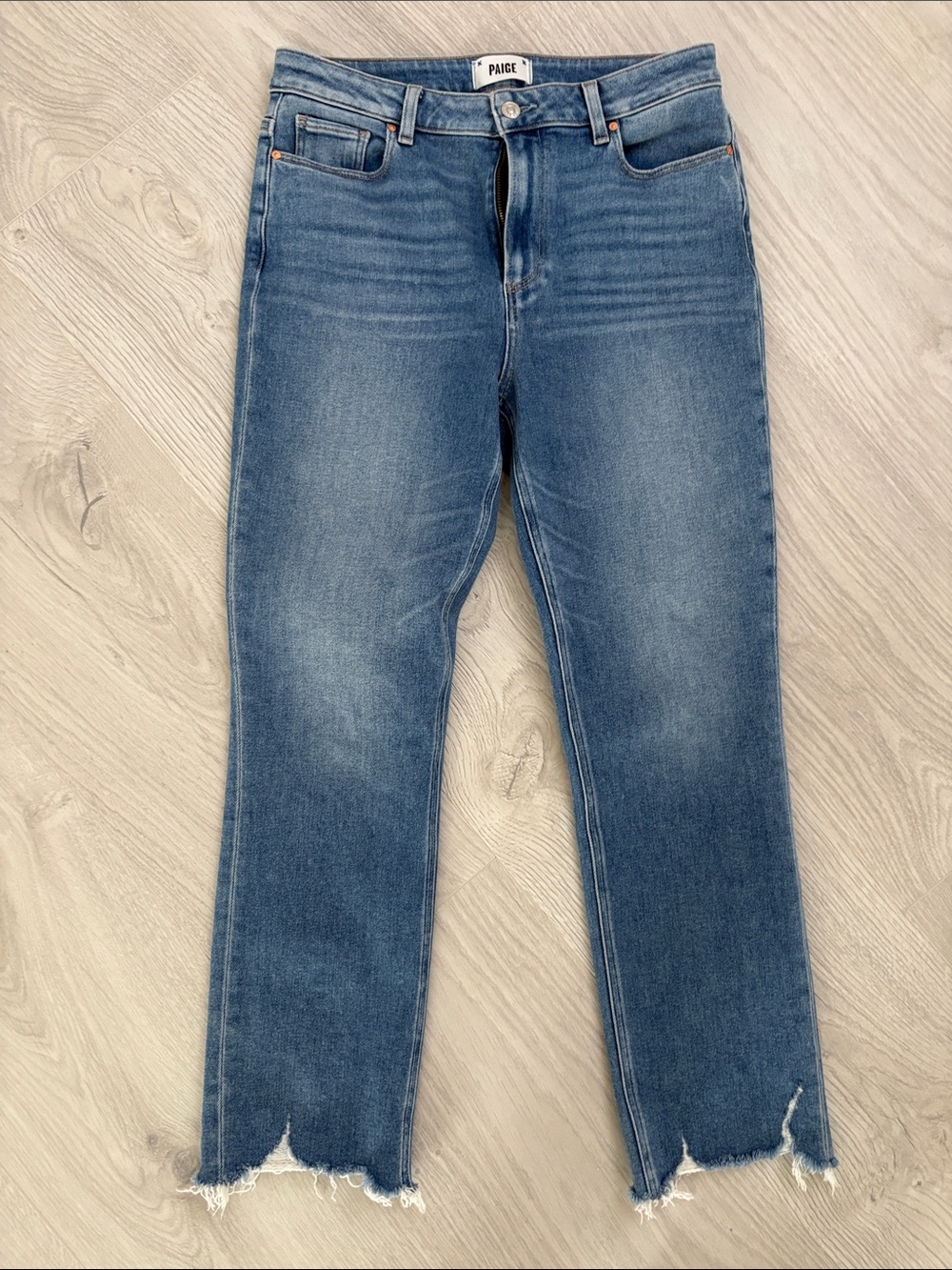 PAIGE “Cindy” Women's Blue Straight-Leg Jeans with Raw Hem